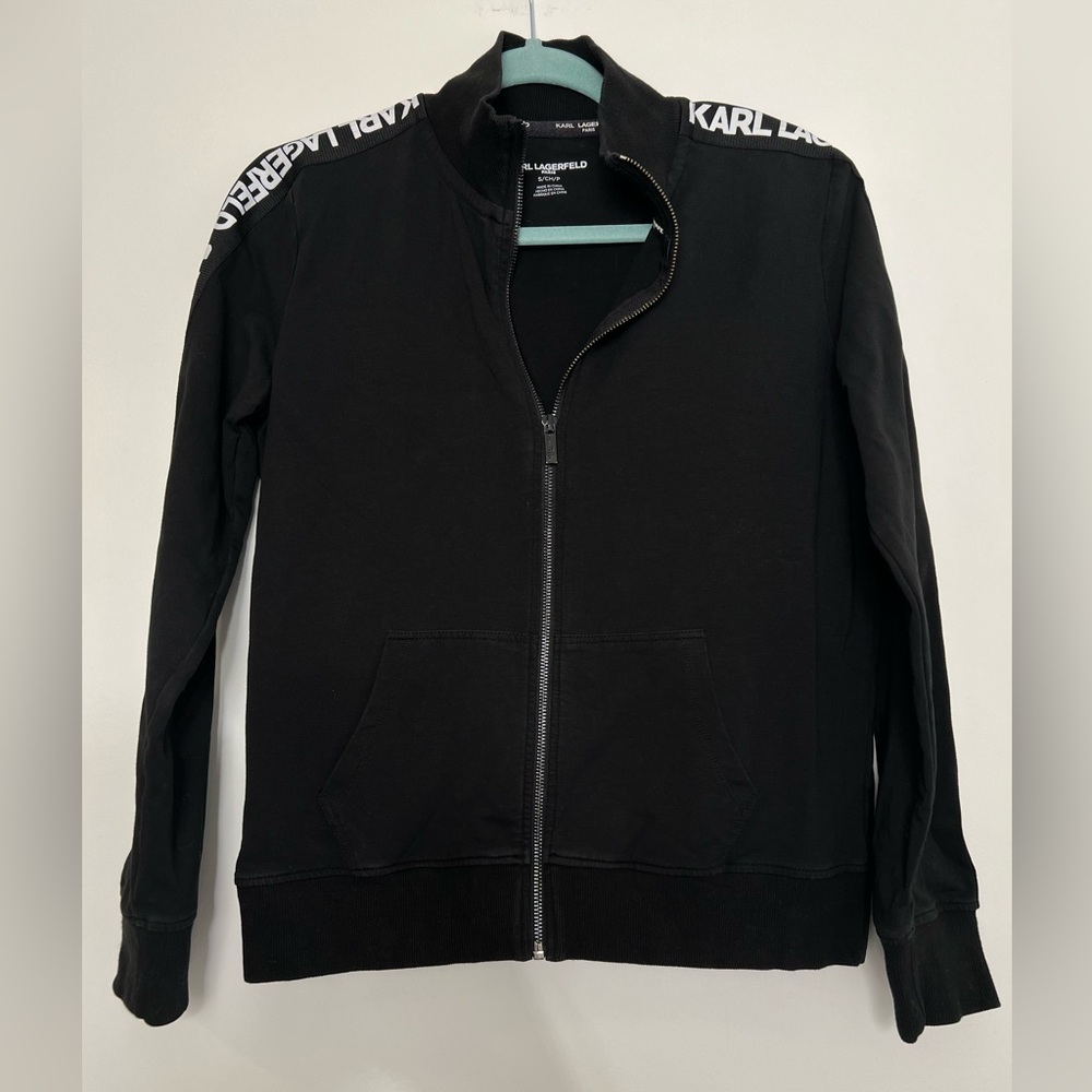 Karl Lagerfeld Black Zip Up Sweatshirt Logo Sleeve Size S
